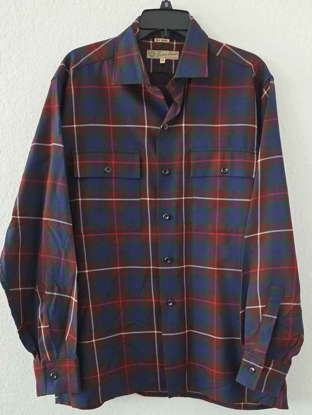 Men's The Scotch House London Plaid Vintage 70s 80s Wool Shirt Green Red Button